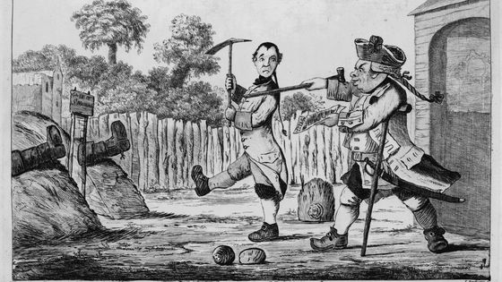 Le siège de Namur par l'Oncle Toby et le Caporal Trim, gravure dans l'édition de 1773, conservée à la British Cartoon Collection, Library of Congress, Etats-Unis. - Henry William Bunbury (Source : Wiki)