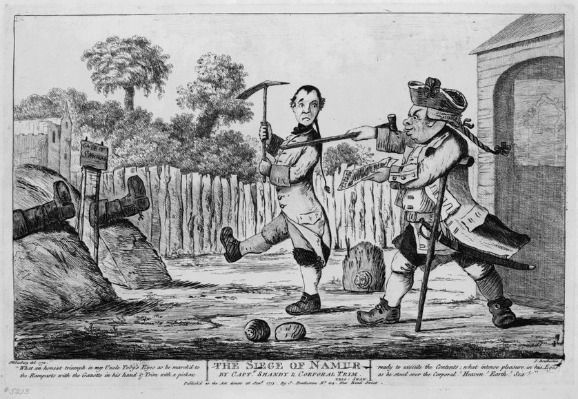 Le siège de Namur par l'Oncle Toby et le Caporal Trim, gravure dans l'édition de 1773, conservée à la British Cartoon Collection, Library of Congress, Etats-Unis.