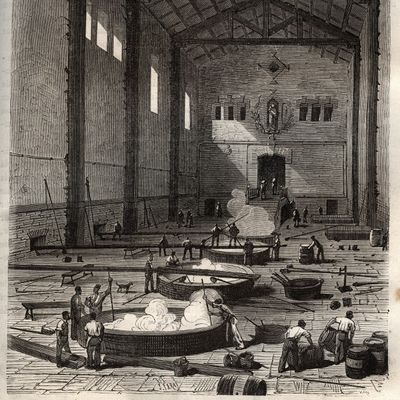 L'industrie du Savon, opération de l'empatage dans la salle des chaudières d'une savonnerie de Marseille - gravure dans 'Les Merveilles de l'Industrie' de Louis Figuier
