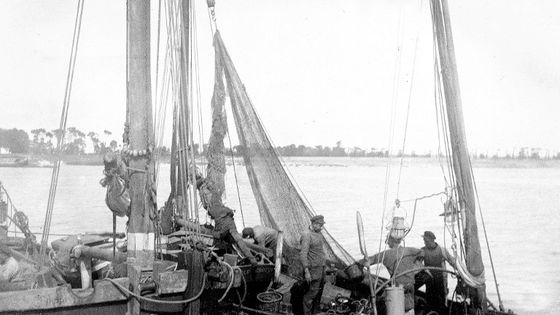 Boulogne-sur-Mer, bateaux de pêche à quai avec filets et pêcheurs, 1895. ©AFP - ©Lux-In-Fine/Leemage