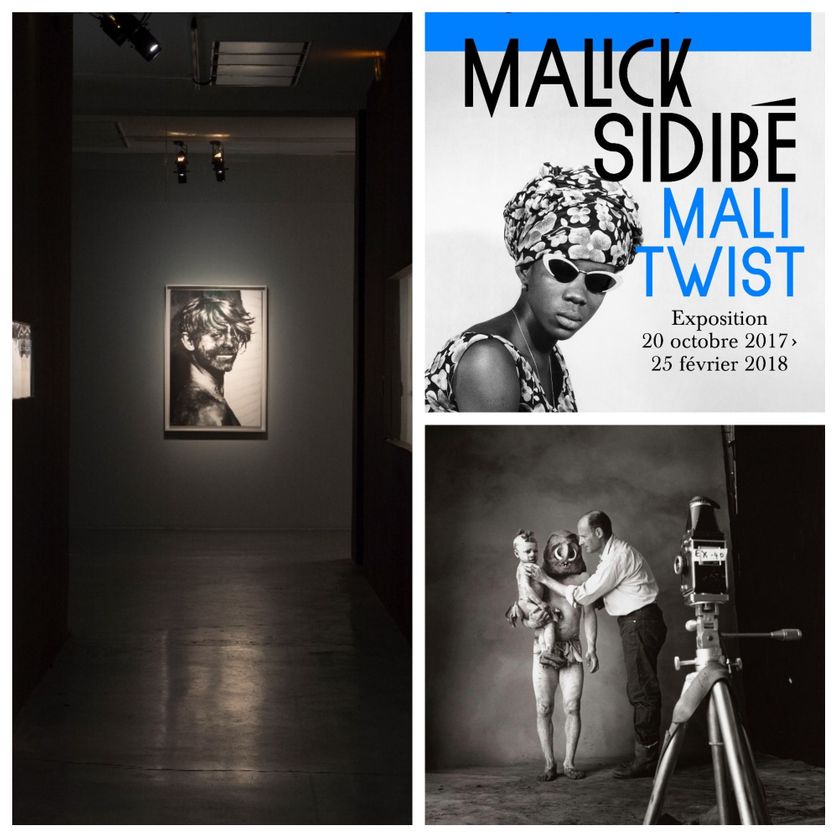 A gauche : Vue de l'exposition "Etranger résident" ; en haut à droite : affiche de "Mali Twist" ; en bas : Irving Penn