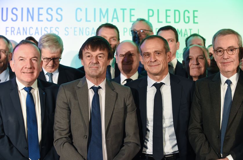 Le Président du Medef Pierre Gataz, le Ministre de l’Ecologie Nicolas Hulot, le Président de Schneider Electric Jean-Pascal Tricoire, et le Président de Solvay Jean-Pierre Clamadieu, au French Business Climate Pledge, le 11/12/17