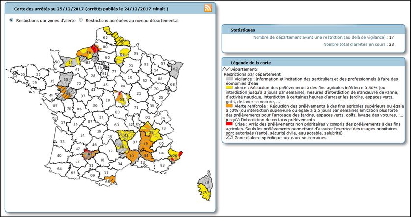 La dernière carte officielle des arrêtés et restrictions issue du site propluvia