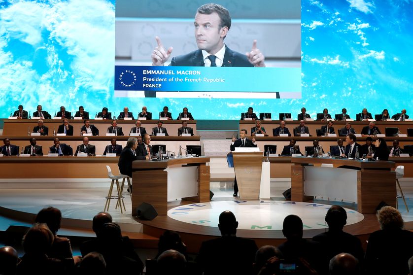 Emmanuel Macron French President Emmanuel Macron, discours devant la session plénière du One Planet Summit (La Seine Musicale sur l'île Seguin à Boulogne, 12 décembre 2017)