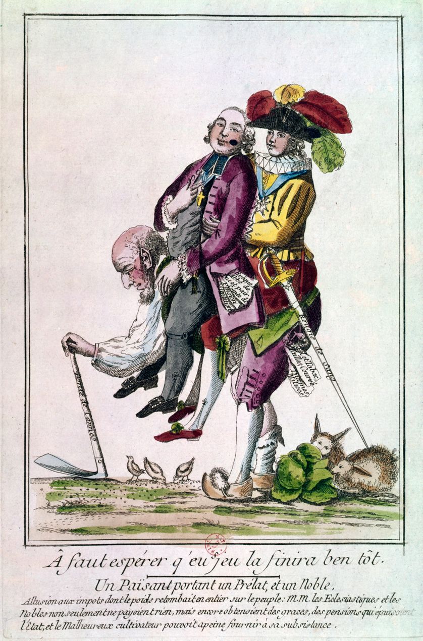 Gravure de 1789. "A faut esperer qu'eu se jeu la finira ben tot". Un paysan symbole du tiers etat portant sur son dos un prélat (clergé) et un noble (noblesse)/