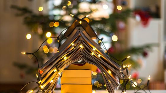Arbre de Noël formé avec des livres et des lumières de Noël ©Getty - Lacaosa