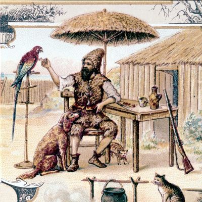 Robinson Crusoe entoure de ses animaux dans sa cabane sur son ile deserte. Chromolithographie