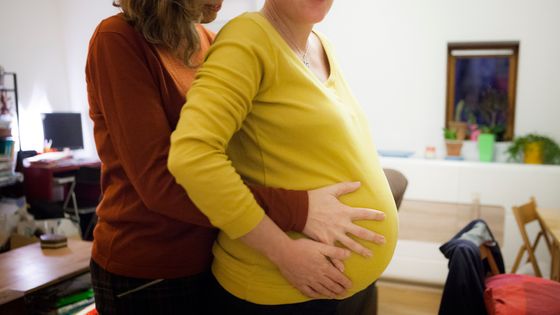 Sophie et Agnès, en couple depuis 11 ans, ont eu recours à la PMA en Belgique. Leur fils Gaël est né en novembre 2016, quelques jours après la prise de cette photo. - AMELIE-BENOIST / BSIP