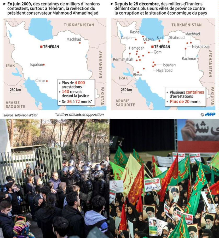 2 cartes sur les mouvements en Iran en 2009 et 2018 par D. GAUDISSART,AFP/Face à face manifestants et forces de l'ordre à Téhéran 30.12.17, AP/Manifestations pro-gouvernementales, 30.12.2017,Téhéran, par H. MALEKPOUR, Maxppp/