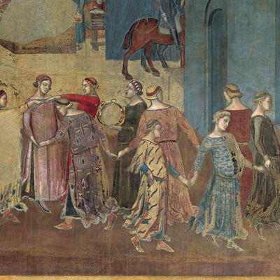 Ambrogio Lorenzetti, "Effets du bon et du mauvais gouvernement à la ville et à la campagne" (détail), 1338, Palazzo Pubblico (Sienne, Italie)