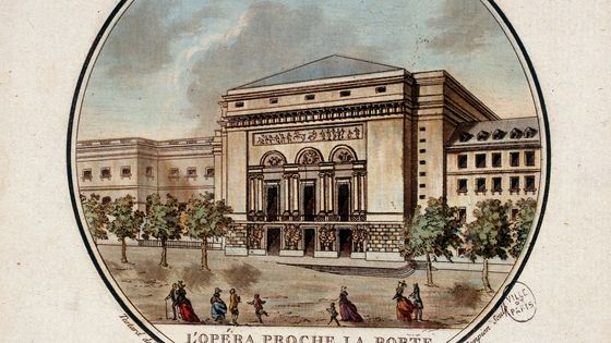 L'opéra construit d'après les dessins de l'architecte Le Noir près de la porte Saint Martin à Paris, aujourd'hui Théâtre de la Porte Saint-Martin. In "Vues pittoresques des principaux édifices de Paris par Sergent", 1787 ©AFP - BHVP. Leemage