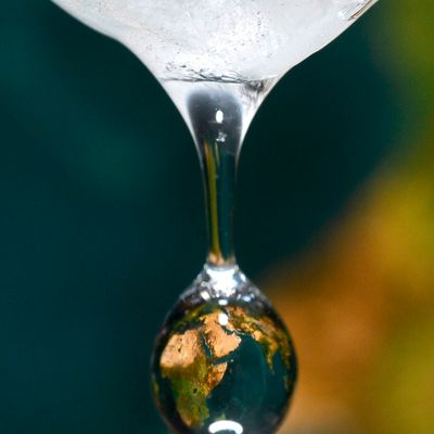 Une goutte d'eau dans laquelle se reflète la carte de la terre