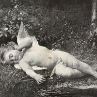 The napping cupid, painting by Leon Bazile Perrault (1832-1908), woodcut by Pannemaker from Moderne Kunst (Modern Art), illustrated magazine published by Richard Bong, 1891-1892, Year VI, No 6, Berlin