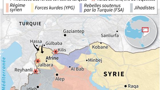 Carte du nord-ouest de la Syrie localisant l'avancée des troupes terrestres turques autour d'Afrine en territoire syrien et les zones de contrôle des forces en présence au 21 janvier ©AFP - SIMON MALFATTO, VINCENT LEFAI, GILLIAN HANDYSIDE, PAZ PIZARRO