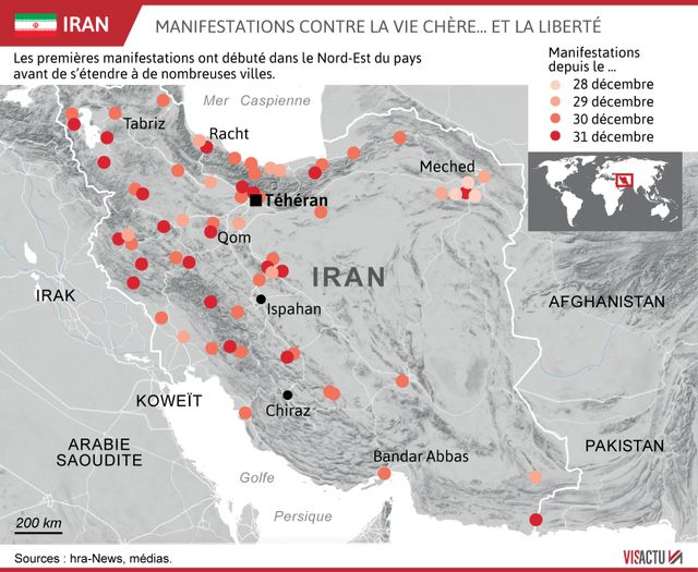 La carte des villes iraniennes les plus touchées par la révolte.