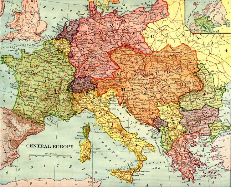 Carte extraite d'un atlas américain du début 20ème siècle : les frontières de l'Europe centrale sont telles qu'elles étaient avant 1919.