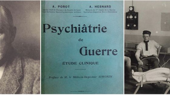 Portrait/S. Freud publié dans "L'Informateur des aliénistes & des neurologistes", janv. 1923/Couverture: A. Porot & A. Hesnard, "Psychiatrie de guerre", Félix Alcan, 1919/Août 1915, détail cliché de la salle d'électrothérapie, hôpital Val de Grâce - Gallica BNF/Mission Centenaire 1914-18/ BDIC Albums Valois