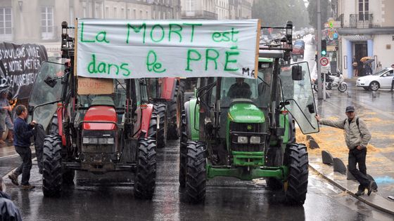 Des producteurs laitiers français manifestent le 9 juin 2009 à Nantes, pour dénoncer la chute des prix du lait. ©AFP - FRANK PERRY