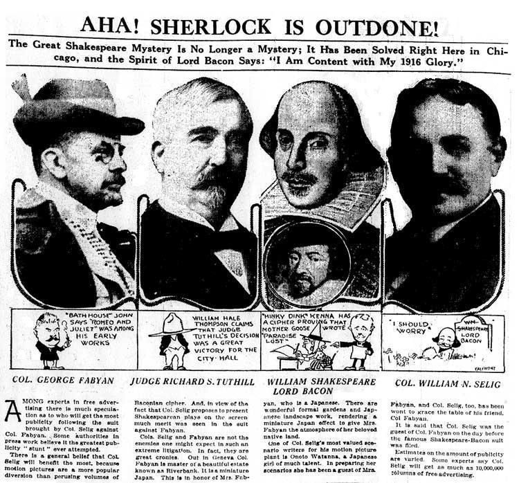 Illustration d'un article du "Chicago Tribune" autour du procès de 1916 sur l'identité de Shakespeare. De gauche à droite : Fabyan, Tuthill, Shakespeare et Bacon (qui serait, d'après le jugement rendu, l'auteur véritable des pièces)et Selig.