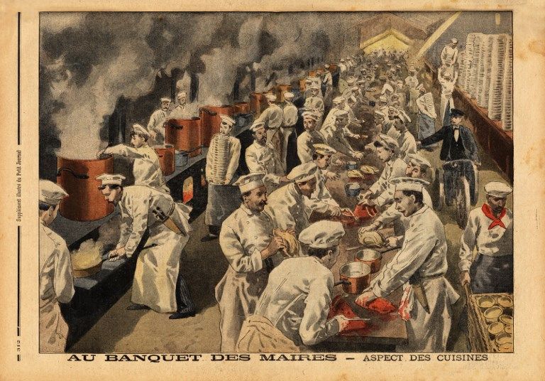 Vue des cuisines du banquet organisé pour les maires de France (22 995 convives), 1/10/1900.