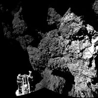 La sonde Philae de l'Agence Spatiale Européenne (ou ESA) se pose sur la comète Tchoury