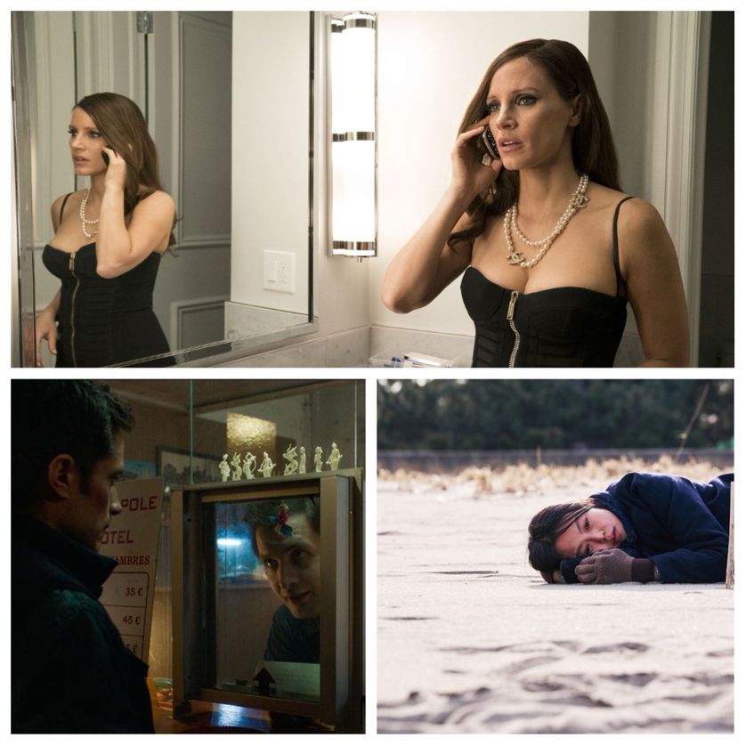 En haut : Jessica Chastain ; en bas à gauche : Gael García Bernal, Karim Leklou ; à droite : Min-Hee Kim