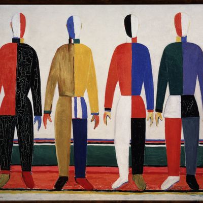 Sportifs (Sportsmen). Qatre hommes portrant des tenues de sport tres colorees. Peinture de Kasimir Severinovich Malevitch (1878-1935)