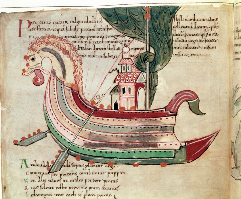 Bateau nordique à proue de dragon. Manuscript Anglo-Saxon, 10ème siècle. British Museum, Londres.