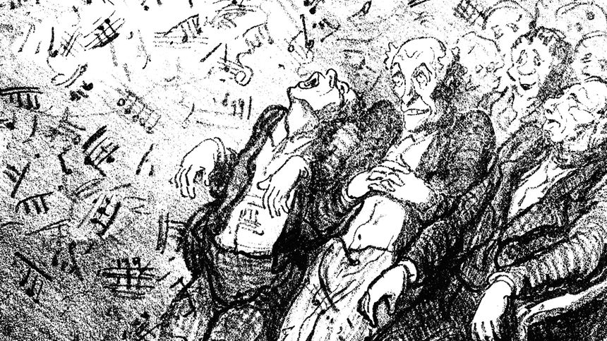 Caricature par Honoré Daumier du public écoutant la musique de Wagner, parue dans Le Charivari, le 8 juillet 1868.