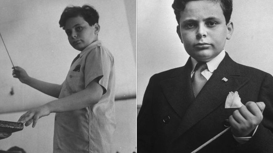 Young conductor Lorin Maazel rehearsing with an orchestra.