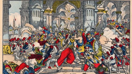 Représentation de la révolte des habitants du Caire contre l'occupation française dirigée par Bonaparte, le 21 octobre 1798. Imagerie d'Epinal, 19e siècle. ©AFP - ©Selva/Leemage