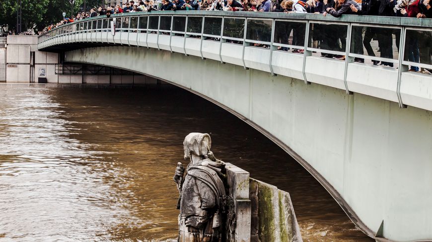 Le pont de l'Alma et la statue du zouave, lors de la crue de 2016 à Paris.
