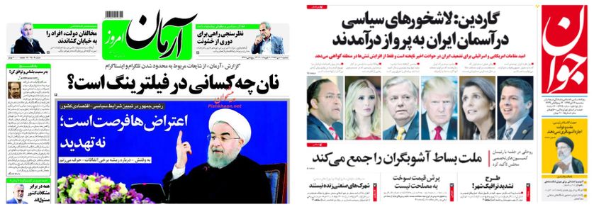 2 pages de Une extraites de Courrier International, le 2 janv. 2018, "Manifestations en Iran : ce que dit la presse du pays", le journal modéré "Arman" et conservateur, "Javan"