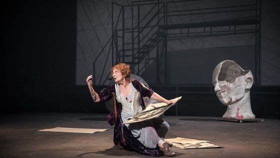Chrstiane Cohendy dans "Tableau d'une exécution". En fond, une tête trouée... La scénographie est signée Graciela Galàn - ©Simon Gosselin