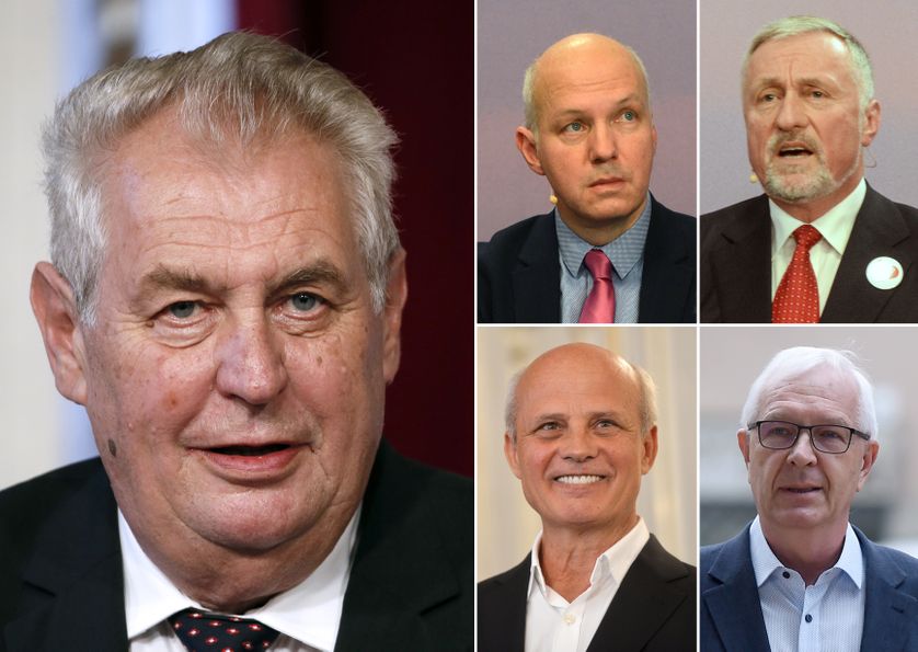 Le président tchèque Milos Zeman (gche) et ses principaux rivaux : Pavel Fischer, Mirek Topolanek, Michal Horacek et Jiri Drahos