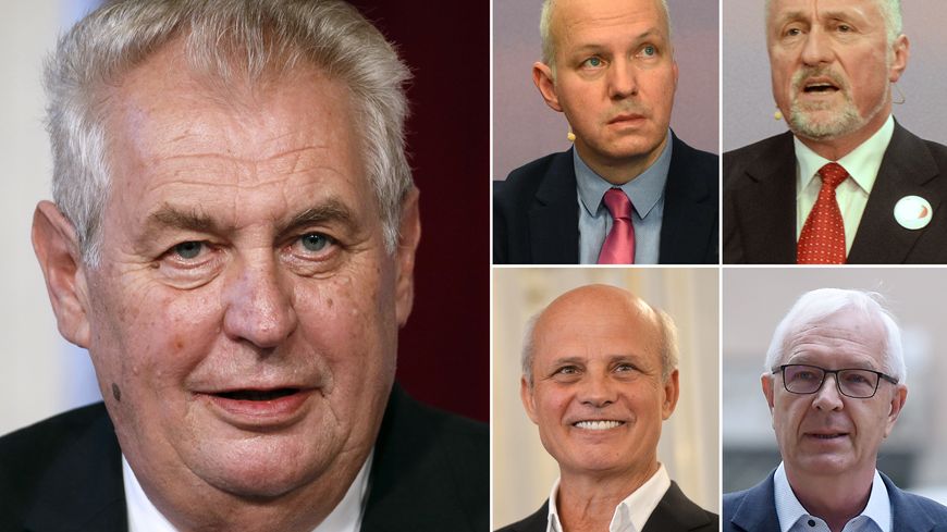 Le président tchèque Milos Zeman (gche) et ses principaux rivaux : Pavel Fischer, Mirek Topolanek, Michal Horacek et Jiri Drahos