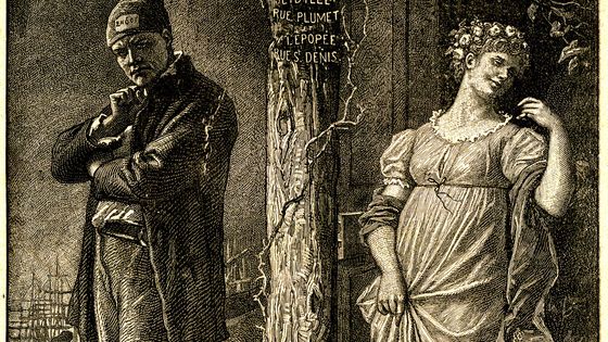 Illustration de Lix. Gravure en frontispice de l'edition Ollendorff 1906. Le forcat et la prostituée : Jean Valjean et Fantine, mere de Cosette et fille de joie ©AFP - Gusman