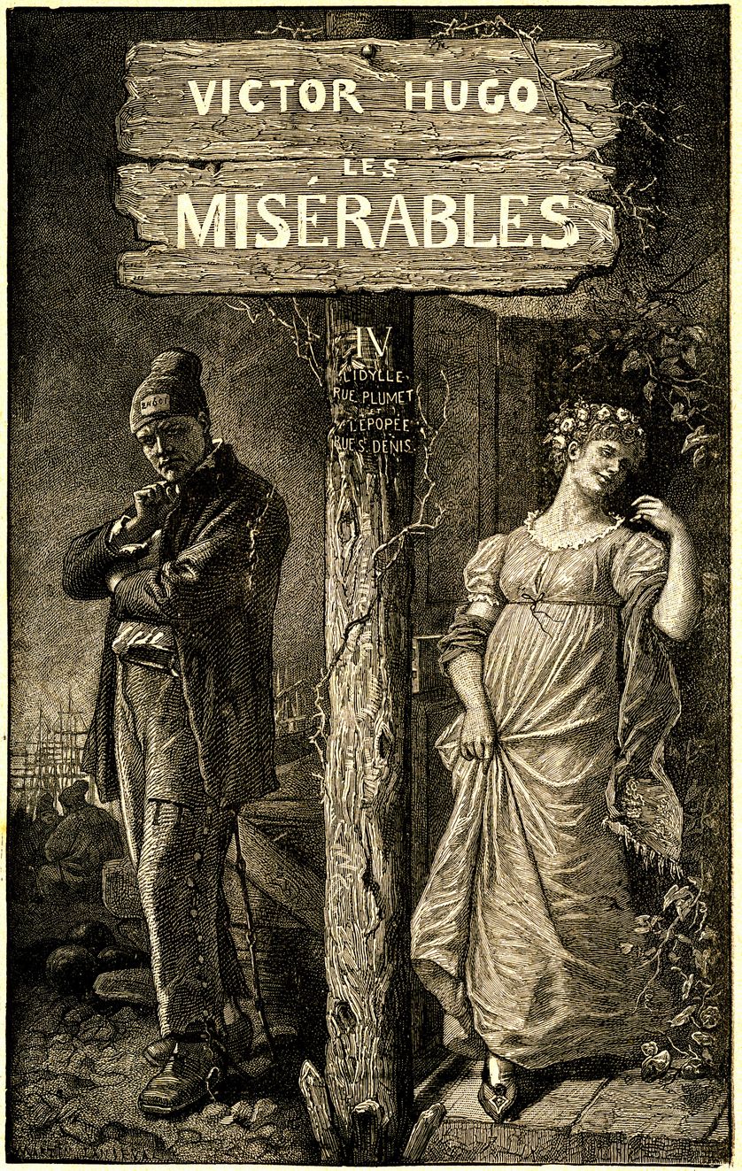 Illustration de Lix. Gravure en frontispice de l'edition Ollendorff 1906. Le forcat et la prostituée : Jean Valjean et Fantine, mere de Cosette et fille de joie
