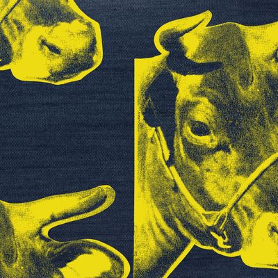 Illustration d'après Andy Warhol, "Cow Wallpaper", 1966 - Crédits : Incase, "Warhol Denim Cow", janvier 2013, image modifiée selon les termes de la licence / Creative Commons CC-BY 2.0 (https://creativecommons.org/licenses/by/2.0/legalcode)