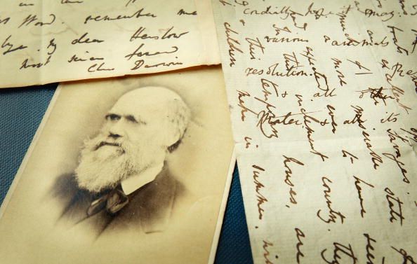 Portrait et lettres de Charles Darwin exposés au Jardins botaniques royaux de Kew, à Londres