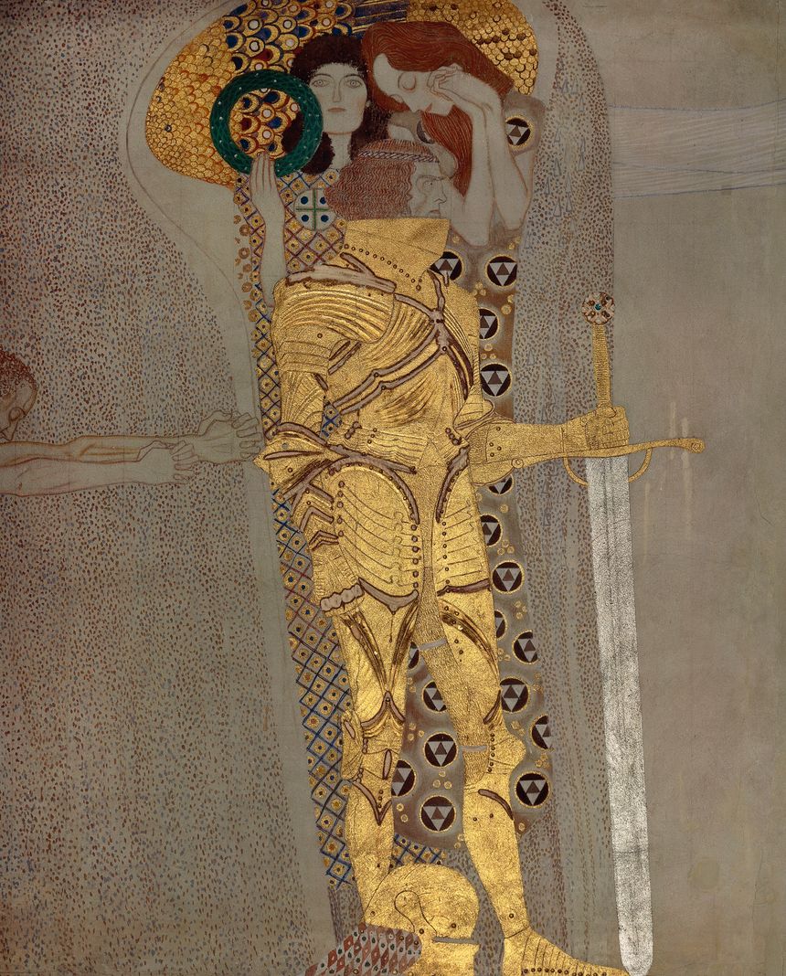 Chevalier en armure brillante, détail de la "Beethoven Frieze" qui représenterait Gustav Malher, 1902.