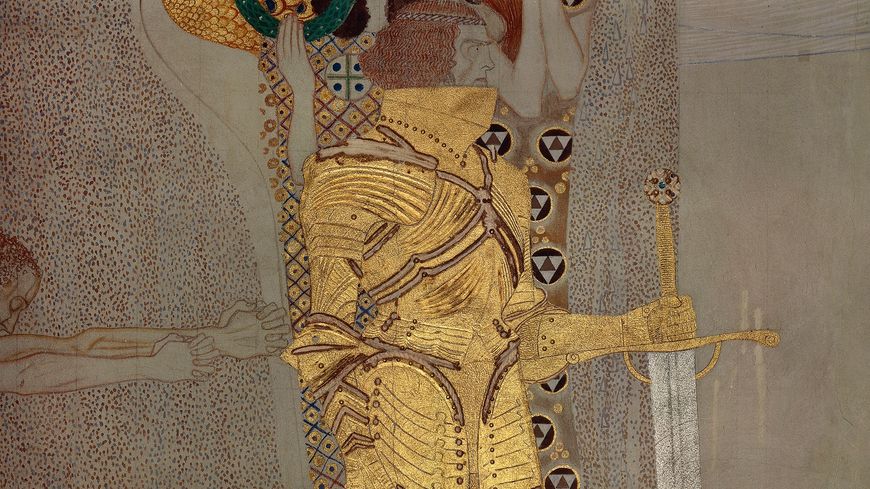 Chevalier en armure brillante, détail de la "Beethoven Frieze" qui représenterait Gustav Malher, 1902.
