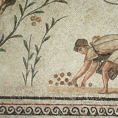 Ramassage des olives tombées. Mosaïque de la Chebba. Tunisie (Musée National du Bardo). Document présenté par JP. Brun au Collège de France
