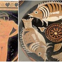 Application de l'huile par les sportifs à la palestre (céramique) et plat apulien de poissons issu de l'Altes Museum (Ancien musée) de Berlin.