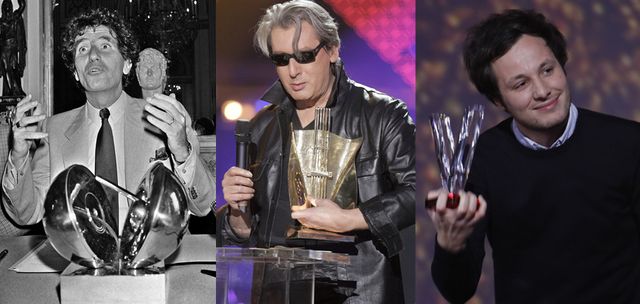 Jack Lang, créateur des Victoires, avec devant lui le 1er trophée | Bashung en 2005 avec le 2è | Vianney en 2017 avec le 3è