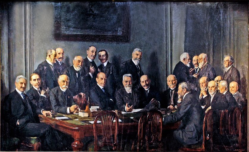 La commission de direction du Comité des forges de France en 1914. Peinture d'Adolphe Déchenaud, au siège de Schneider, rue de Madrid, Paris