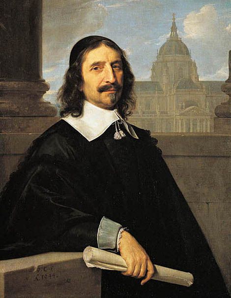Portrait de Jacques Lemercier (vers 1644) par Philippe de Champaigne. À l'arrière-plan, la Chapelle de la Sorbonne. Cette huile sur toile est conservée au Château de Versailles