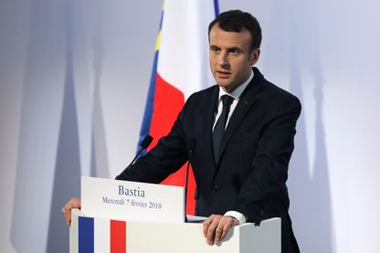 Le président français Emmanuel Macron prononce un discours au centre culturel Alb'Oru à Bastia, sur l'île méditerranéenne française de Corse, le 7 février 2018. Le président français Emmanuel Macron prononce un discours au centre culturel Alb'Oru à Bastia, sur l'île méditerranéenne française de Corse, le 7 février 2018.