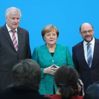 L'annonce de la grande coalition entre Horst Seehofer (CSU), Angela Merkel (CDU) et Martin Schulz (SPD), le 7 février 2018 à Berlin