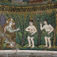 Coupole de la création. Adam et Ève honteux de leur sexe le cache devant dieu. Mosaique vers 1230. Basilique Saint Marc a Venise